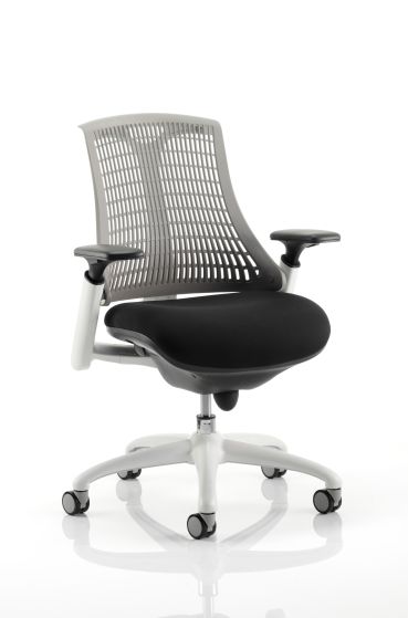 Flex Task Operator Chair White Frame Black Fabric Seat With Grey Back With Arms